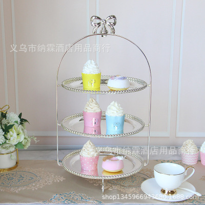 Three-layer bowknot cake frame palace silver-plated cake tray table dessert plate wedding cake frame