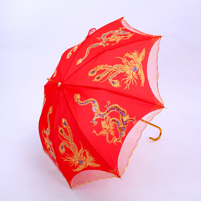 Factory Direct Sales Double-Layer Colorful Dragon and Phoenix Umbrella 55*8K Big Red Lace Umbrella Wedding Umbrella Customization