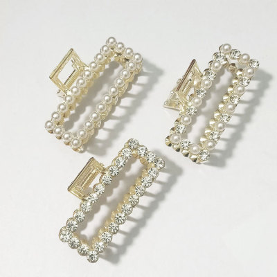 European and American fashion water diamond pearl retro geometric rectangular hairpin catch clip horsetail clip top clip
