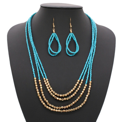European and American foreign trade cross-border jewelry Bohemian female personality rice bead multi-layer necklace earring set wholesale market