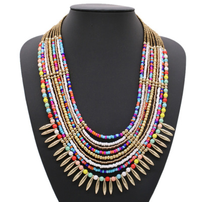 Europe and the United States popular handiwork act the role ofing Bohemian national wind multilayer braid rice bead clavicle chain necklace female wholesale