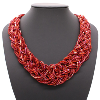 European and American popular jewelry national wind red checking rice beads clavicle chain twist weave short exaggerated necklace necklace ornaments
