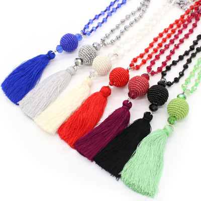 European and American foreign trade long tassel necklace female new rice beads crystal colored silk sweater chain clothing accessories pendant