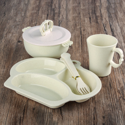 New wheat straw children's bowl and plate cutlery set baby 5-piece set of bowl and water cup and plate gift customized