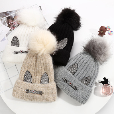 Hat female winter hot diamond cat ears cute Korean edition knit Hat autumn and winter plus cashmere versatile wool Hat warm ear protection