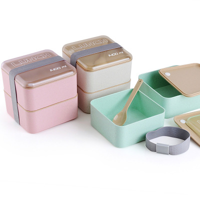 Environmentally friendly wheat straw lunch box large capacity square double deck lunch box 1400 ml portable elastic lunch box