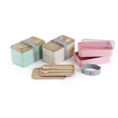 Direct supply environmentally friendly wheat straw lunch box 1 liter with tableware double bento box elastic strap stylish portable lunch box