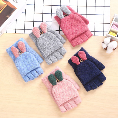 Half Finger Flip Rabbit Ears Gloves for Women Winter Yarn Knitted Cute Korean Style Japanese Style Student Writing Thick Warm