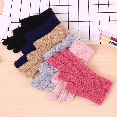 Factory Wholesale Dew Finger Gloves Women's Autumn and Winter Knitted Keep Warm Pure Color Pattern Thickened Writing Gloves