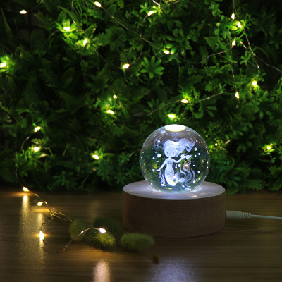 Mermaid crystal ball small table lamp 3d small night light creative girl birthday gift round beech led decoration