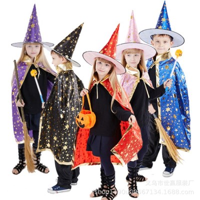 Halloween poncho children perform in a wizard costume in gold