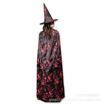 A new Halloween costume for adults and children, A wizard's hat with blood marks, A caped hat costume