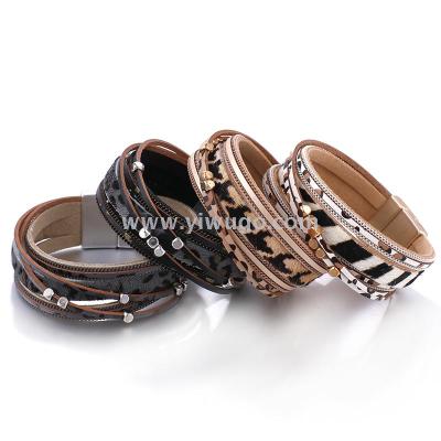 Cross-border Europe and the United States popular autumn and winter magnet buckle leopard print bracelet fashion bracelet leather horsehair bracelet