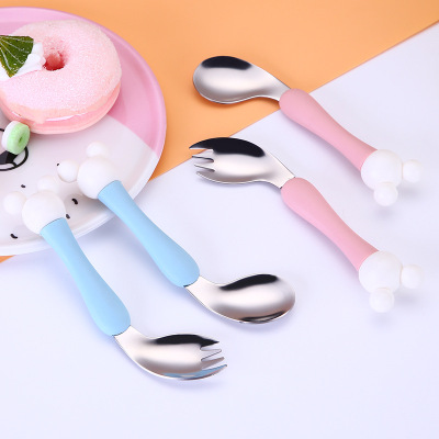 Cartoon stainless steel fork and spoon, tableware set learning to eat portable baby children practice the fork and spoon