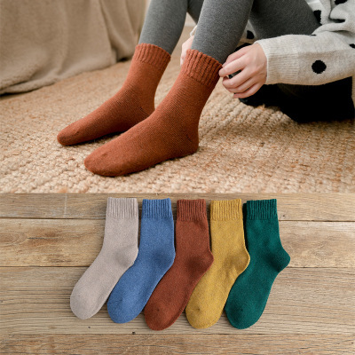 Winter socks women's middle stockings thickened with fleece students warm lovely winter wool floor plain terry stockings