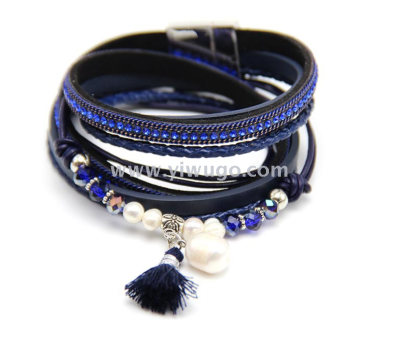 European and American pearl with diamond crystal pale genuine pearl checking magnetic clasp bracelet cross - border jewelry wrist band with multi - layer magnetic clasp bracelet
