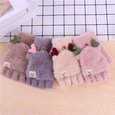 Autumn and Winter Thickened Warm Plush Half Finger Gloves Women's Cute Fleece-Lined Korean-Style Fashionable Cartoon Student Writing Gloves