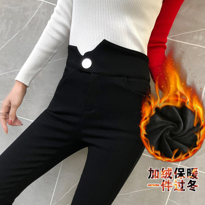 Black pencil trousers with small feet for women autumn/winter high waist slimming single breasted tight elastic and fleece leggings thermal cotton trousers