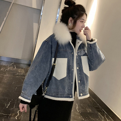 Korean fashion big wool collar and velvet jeans cotton jacket for women autumn winter 2019 new thick loose patchwork coat