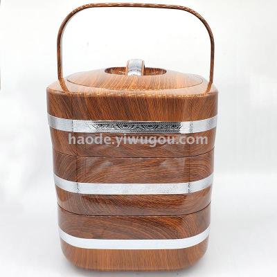 Stainless steel lunch box with wood grain three - layer lock Japanese multi - layer combination lunch box