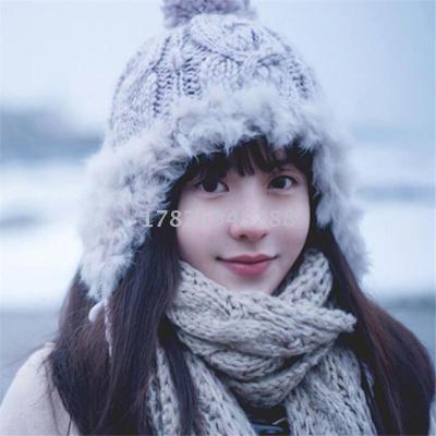 New type of ear-protecting hat female autumn/winter lei feng hat Korean version warm and thick knit hat rabbit wool ball wool hat