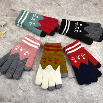 Women's Kitten Jacquard Touch Screen Warm with Velvet Knitted Gloves Factory Direct Sales