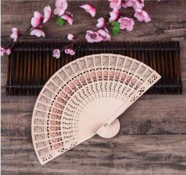 Cross border hot style natural wood fan full'm wood fan carved flowers and trees fan facing the sun