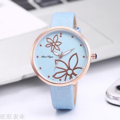 Foreign trade cross-border creative flower pattern lady leisure quartz watch color carving texture leather watch lady