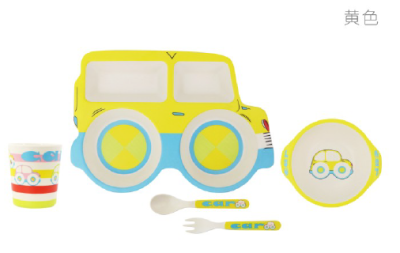 Eco friendly Bamboo fiber Children's Tableware Creative Car Fork Bowl Cup plate five-piece Set