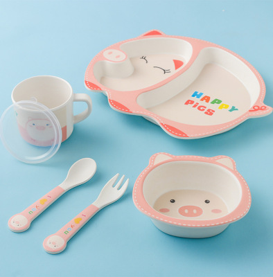 Bamboo Fiber Eco - Friendly Children's Tableware Portable Bowl and Plate Set Cartoon Lovely Pig Separate Plate