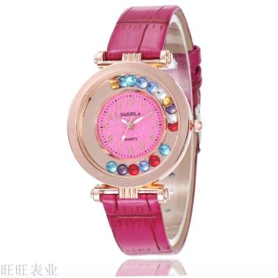 Hot selling leather watchband color rolling diamond digital watch gold powder dial simple fashion students watch