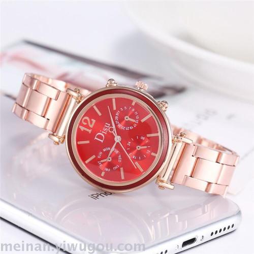 New Women‘s Exquisite Three-Eye Color Matching All-Match Steel Band Watch