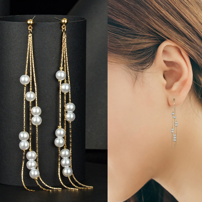 Hot style Korean version of long tassel personality simple pearl earrings wholesale