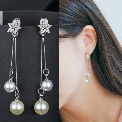 Korean version creative five-pointed star micro inlaid long earrings girls fashion pearl earrings silver needle anti-allergy