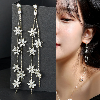 Jeff jewelry factory elegant sparkle long flowers tassel female fashion micro - inlaid diamond earrings silver needle wholesale