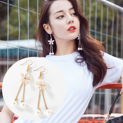 5-leaf flower crystal flower Korean simple long tassel pearl earrings fresh studs female