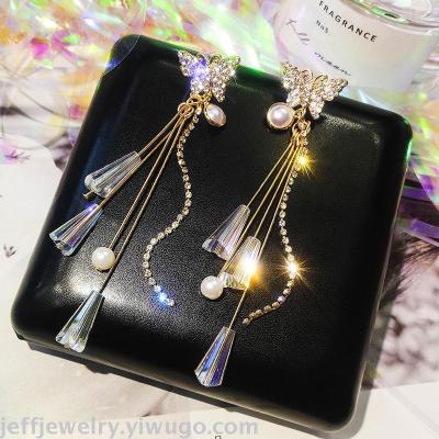 Personality super fairy butterfly tassel earrings female sterling silver pin ultra flash crystal earrings joker earrings