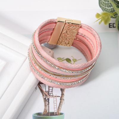 Europe and the United States AliExpress New Ladies Multilayer Leather Bracelet Cool Magnetic Clasp Bracelet Female Diamond Bracelet Factory Wholesale