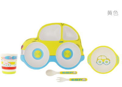 Natural Bamboo Fiber eco- Friendly Children's Tableware Beetle Car fork Spoon bowl and Saucer five-piece plate Set