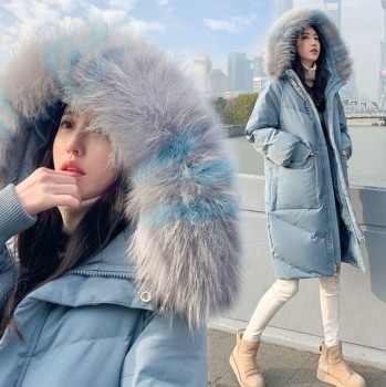 White duck down 2019 large feather collar down jacket for women long style loose thick thin coat for women winter