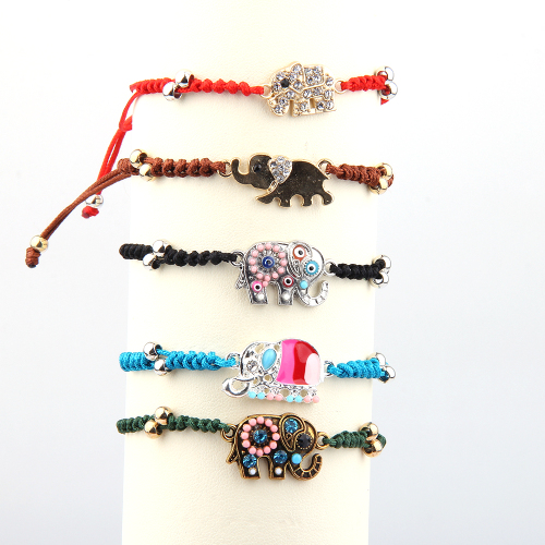 Korean Style Simple Alloy Diamond-Embedded Elephant Wax Line Beaded Hand-Woven Snake Knot Bracelet Factory Wholesale