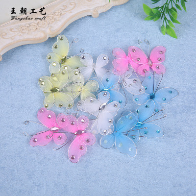 Hand-made color bright edge powder with 7 butterfly drill 4.5cm silk socks butterfly clothing accessories to sample wholesale