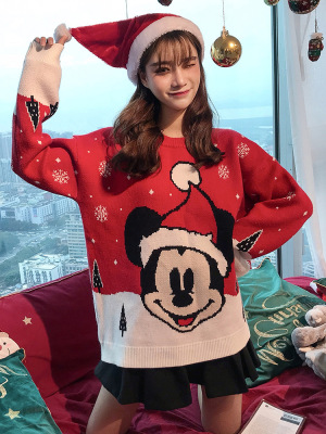 Autumn/winter loose-fitting mickey ins with a round neck, literary retro and thickened Japanese Christmas fairy sweater