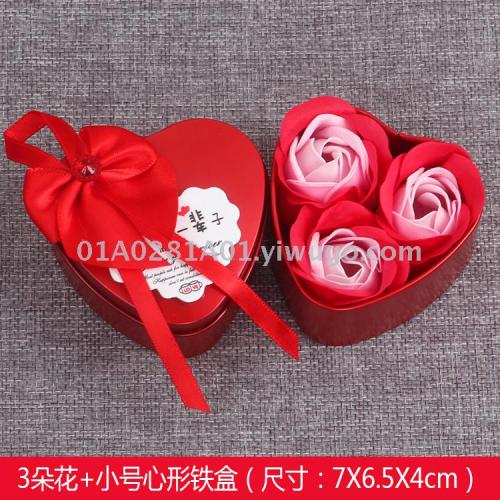 Iron Box Heart-Shaped 3 Soap Flowers Mother‘s Day Gift Eternal Flower Artificial Rose Creative Gift Wedding Wholesale 