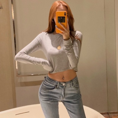 Simple solid color t-shirts summer new crop turtleneck versatile round collar slim long - sleeved blouse short blouse for women