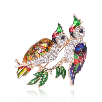 Cross-border new fashion simple drop oil enamel alloy pair parrot brooch brooch women's dress brooch accessories