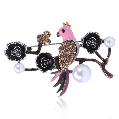 Cross border hot-selling European and American style alloy set with diamond pearl retro branches flowers birds brooch personalized clothing corsage