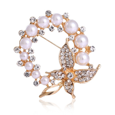 Butterfly pearl brooch diamond alloy round brooch female highlighted pearl brooch brooch pin accessories