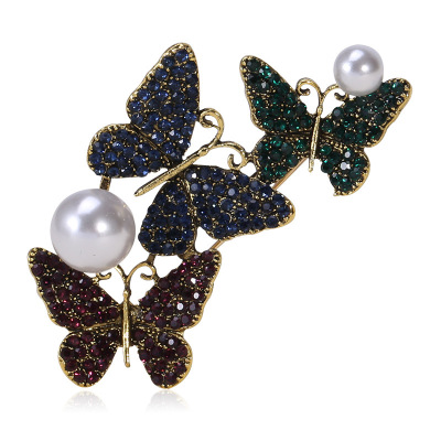 Crossborder foreign trade retro alloy set diamond pearl butterfly brooch brooch insect brooch accessories wholesale spot