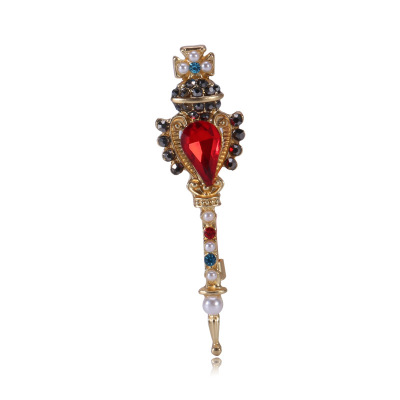 Cross-border European and American fashion retro baroque crown ruby crystal small magic wand dress accessories pin brooch